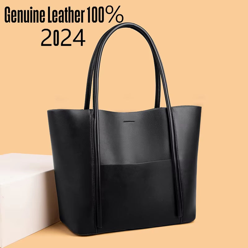 Genuine Leather Tote Bag Women'S Cowhide Large Capacity Carrying Bags Designer Handbag Vintage Shoulder Bag Brand Commuting Bags