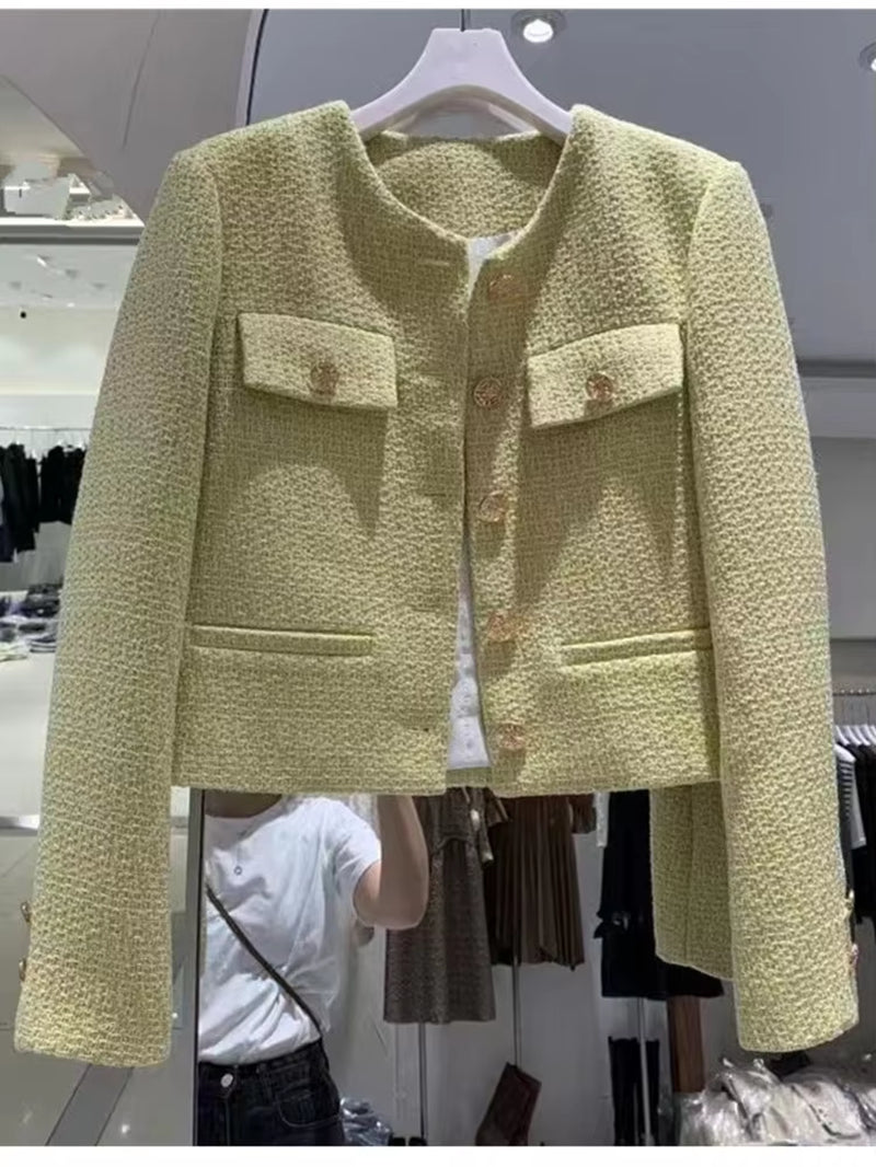 Korean Chic Female Tweed Basic Jacket Coat Women Clothing Runway Style Woolen Outerwear