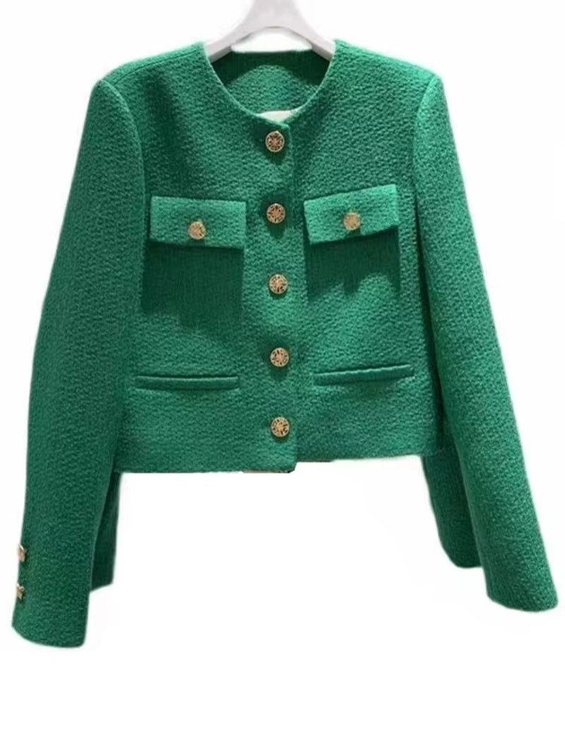 Korean Chic Female Tweed Basic Jacket Coat Women Clothing Runway Style Woolen Outerwear