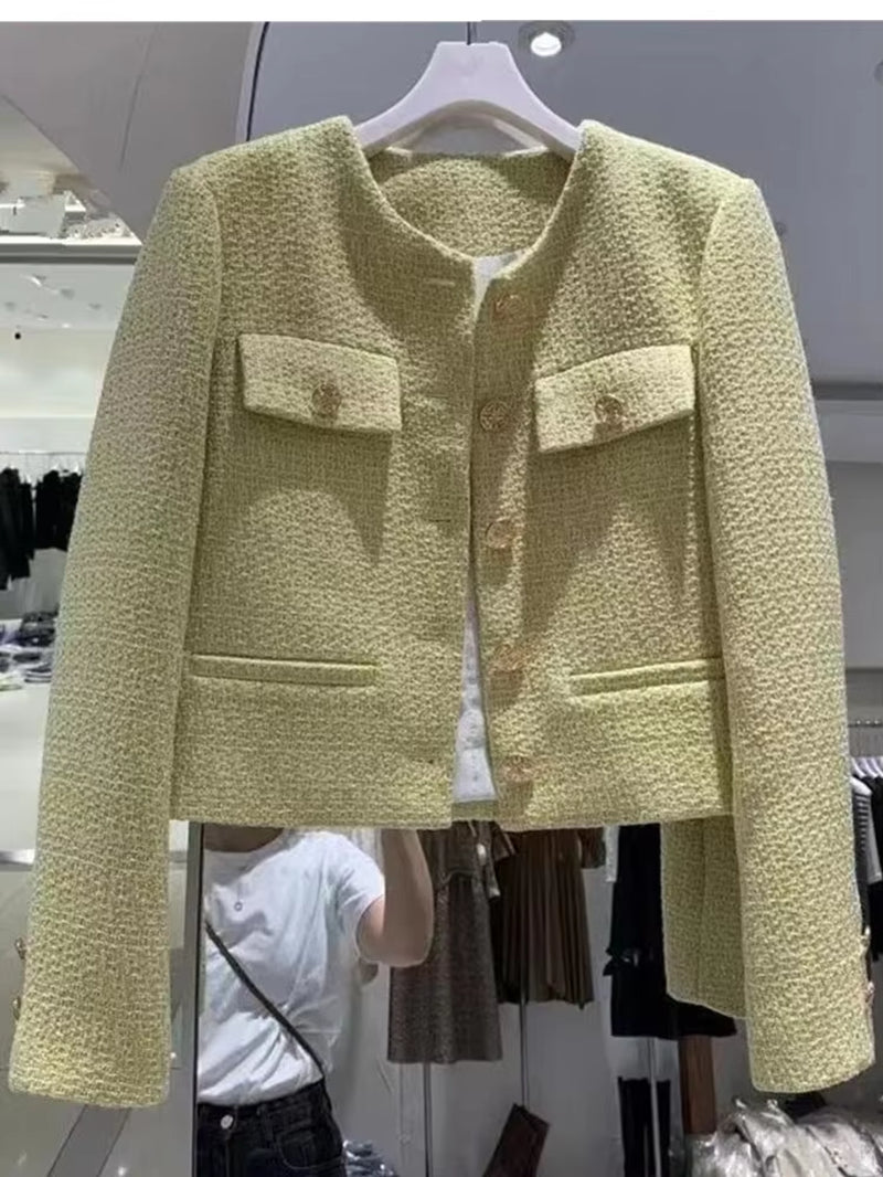 Korean Chic Female Tweed Basic Jacket Coat Women Clothing Runway Style Woolen Outerwear