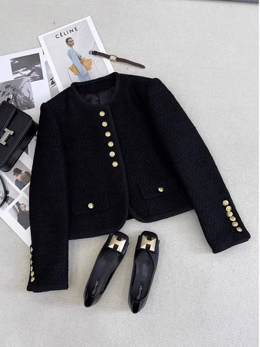 Korean Tweed Jackets Women Vintage Design Long Sleeve Black Coat Tops Female Casual O Neck Retro Sweet Elegant Outwear New